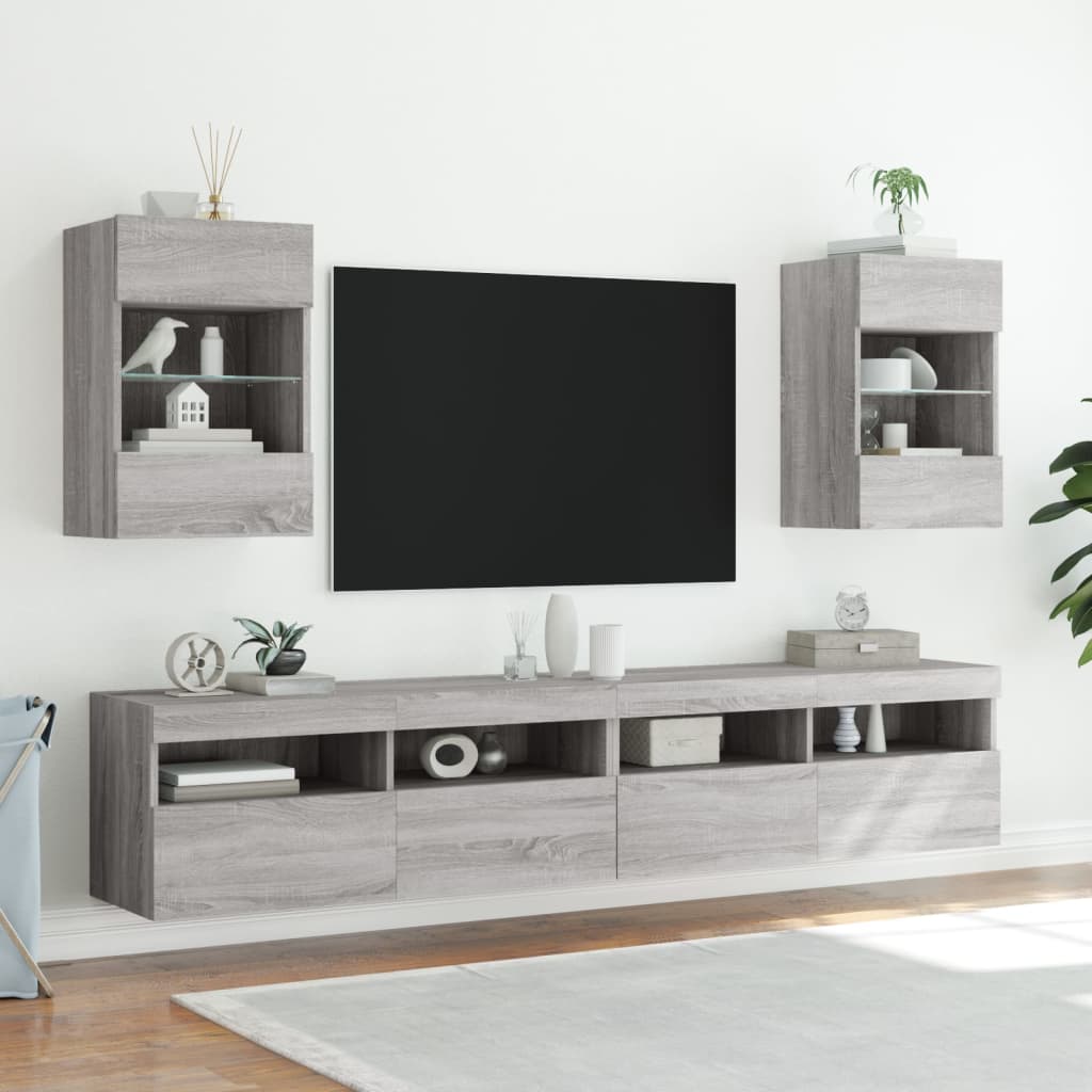 vidaXL Comodă TV de perete cu lumini LED, gri sonoma, 40x30x60,5 cm