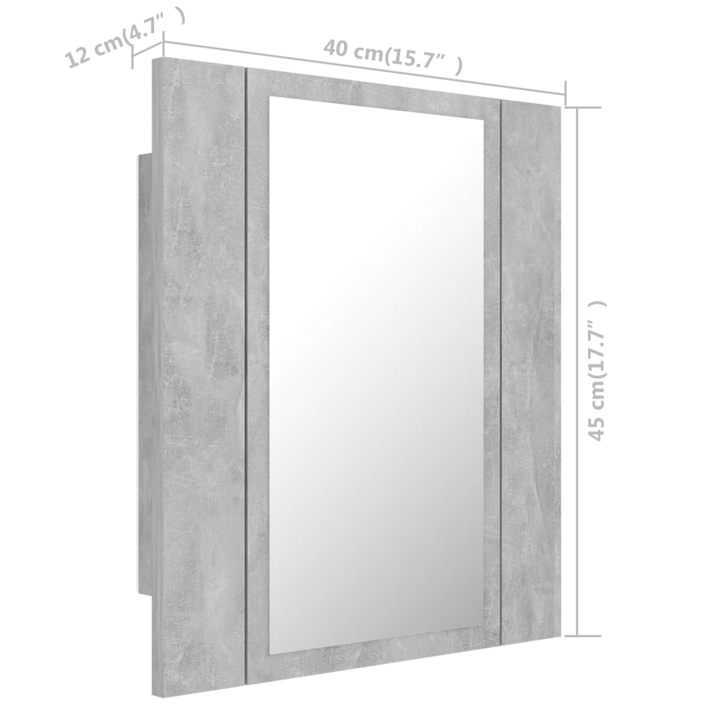 vidaXL Dulap de baie cu oglindă & LED, gri beton, 40x12x45 cm acril