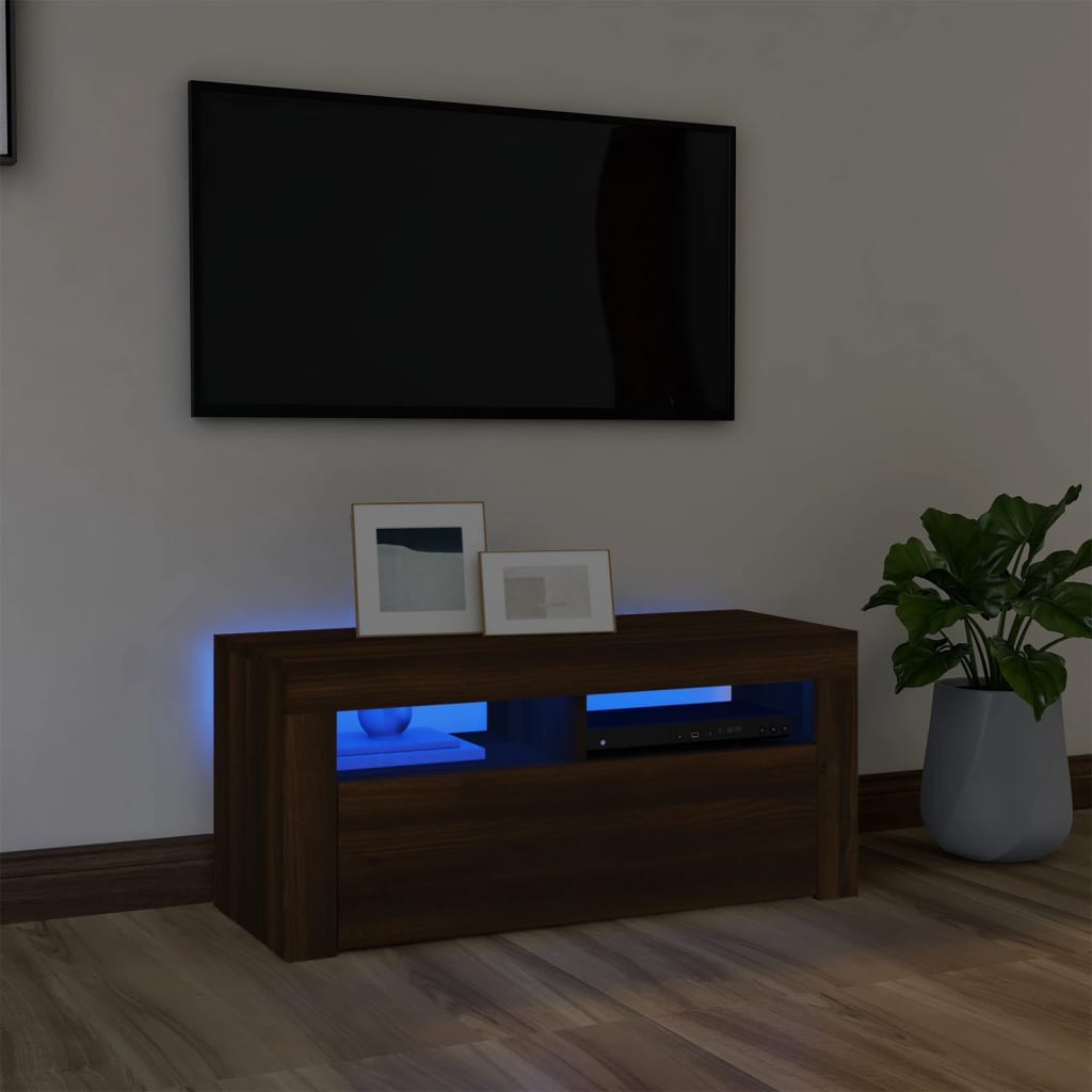 vidaXL Comodă TV cu lumini LED, stejar maro, 90x35x40 cm
