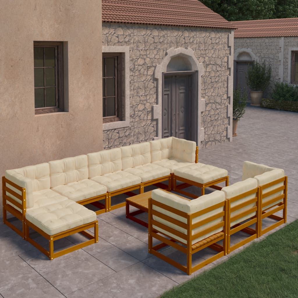 vidaXL Set mobilier grădină cu perne, 11 piese, maro, lemn masiv pin