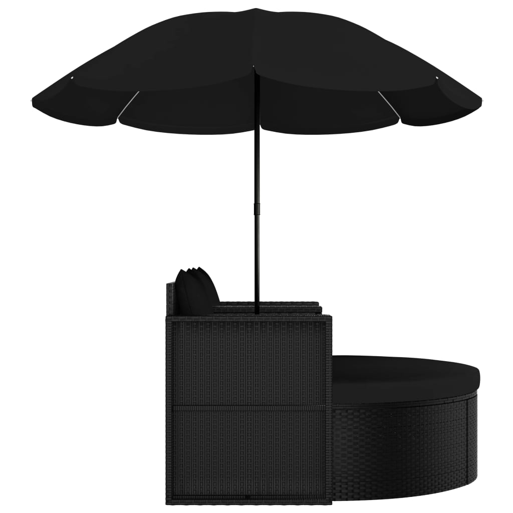 vidaXL Pat de grădină cu umbrelă de soare, negru, poliratan