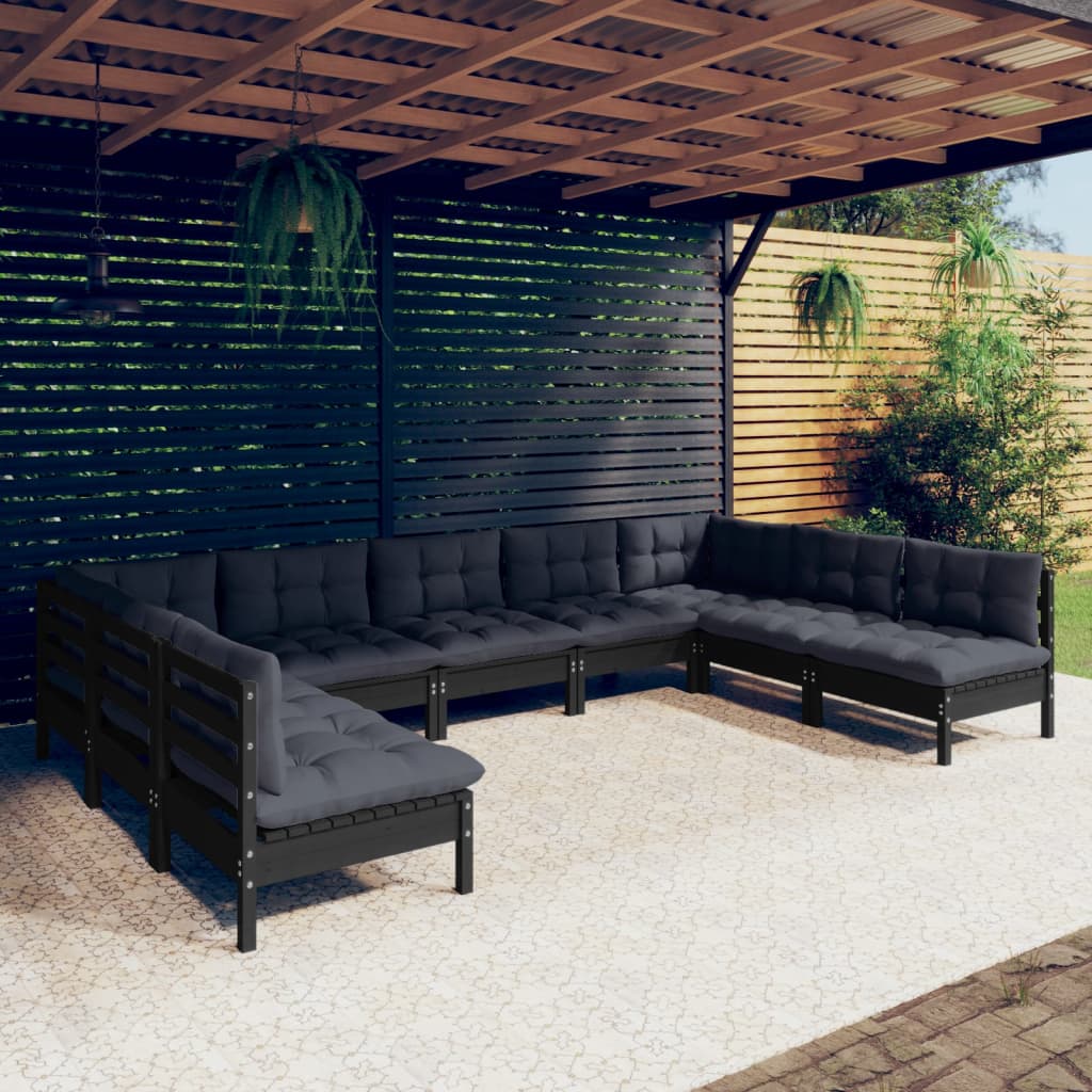 vidaXL Set mobilier grădină cu perne, 9 piese, negru, lemn masiv pin