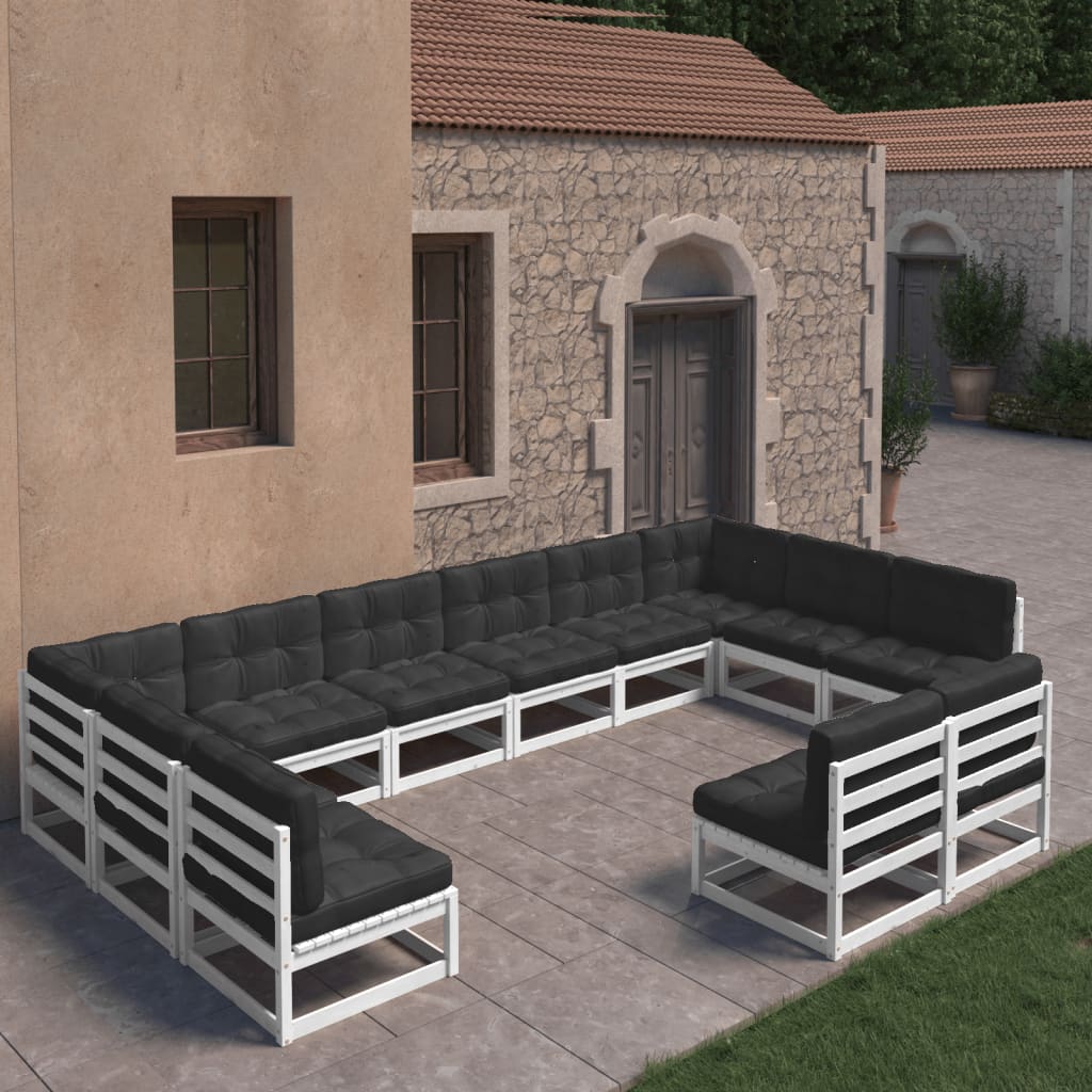 vidaXL Set mobilier de grădină cu perne, 12 piese, alb, lemn masiv pin