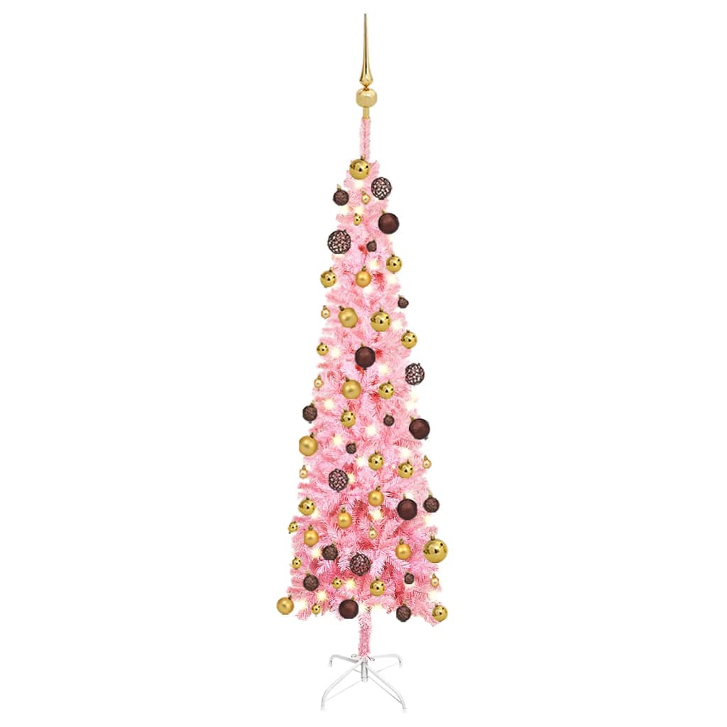vidaXL Brad de Crăciun pre-iluminat slim, set globuri, roz, 120 cm
