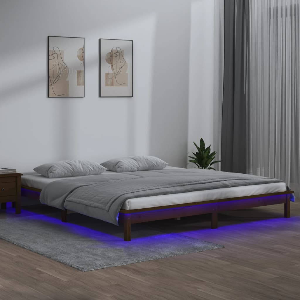 vidaXL Cadru de pat LED dublu, maro miere, 135x190 cm, lemn masiv