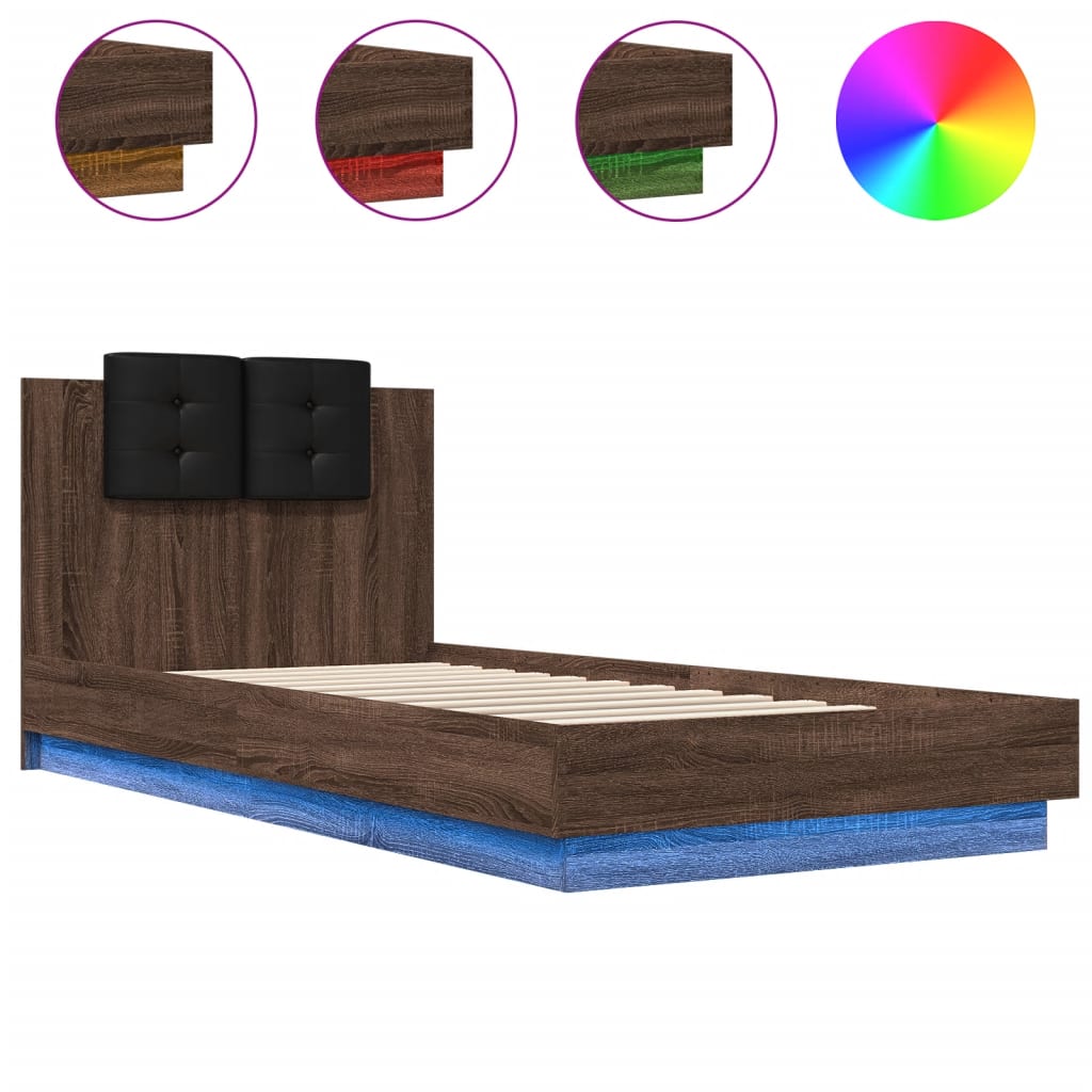 vidaXL Cadru de pat cu tăblie și lumini LED, stejar maro, 90x200 cm