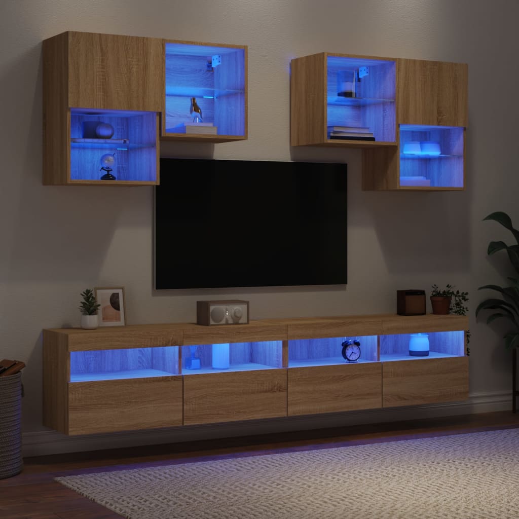 vidaXL Comode TV de perete cu lumini LED, 6 piese, stejar sonoma