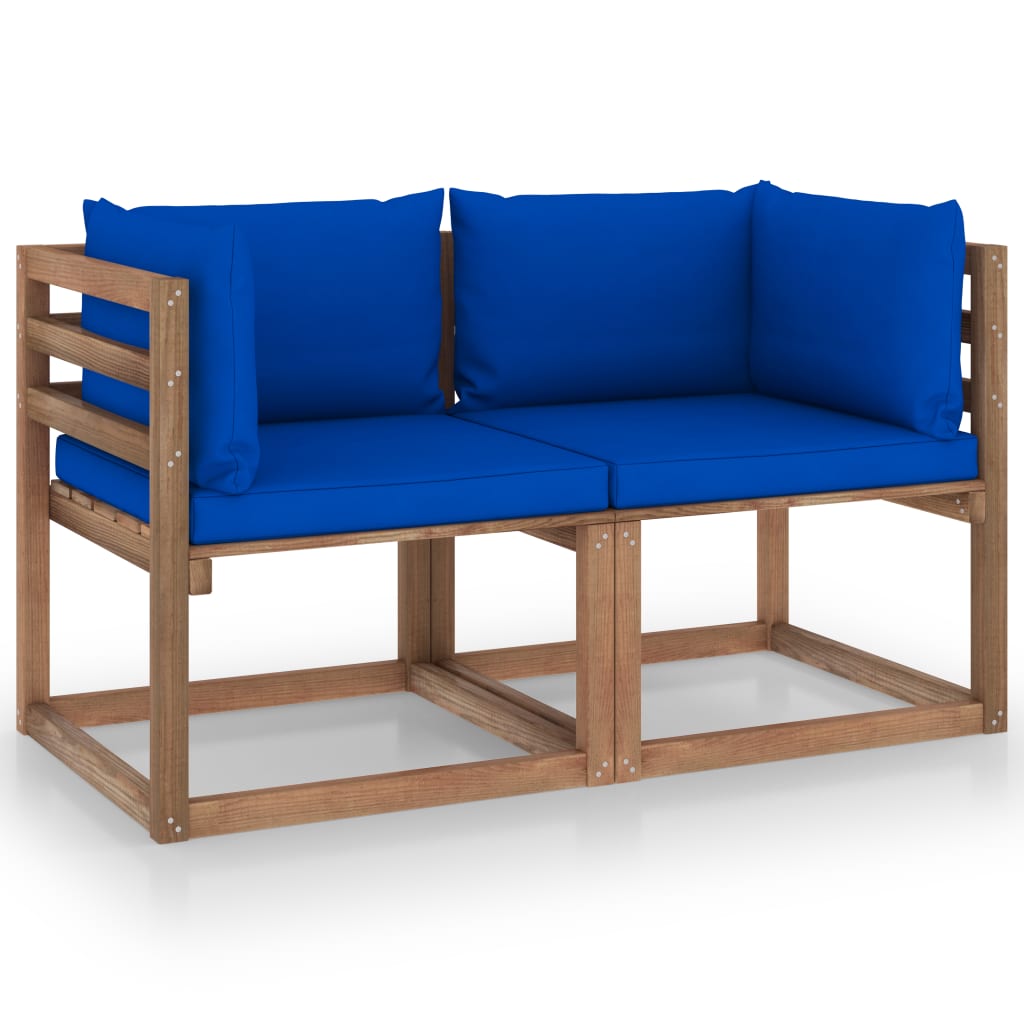 vidaXL Canapea de grădină paleți, 2 locuri, perne albastre, lemn pin