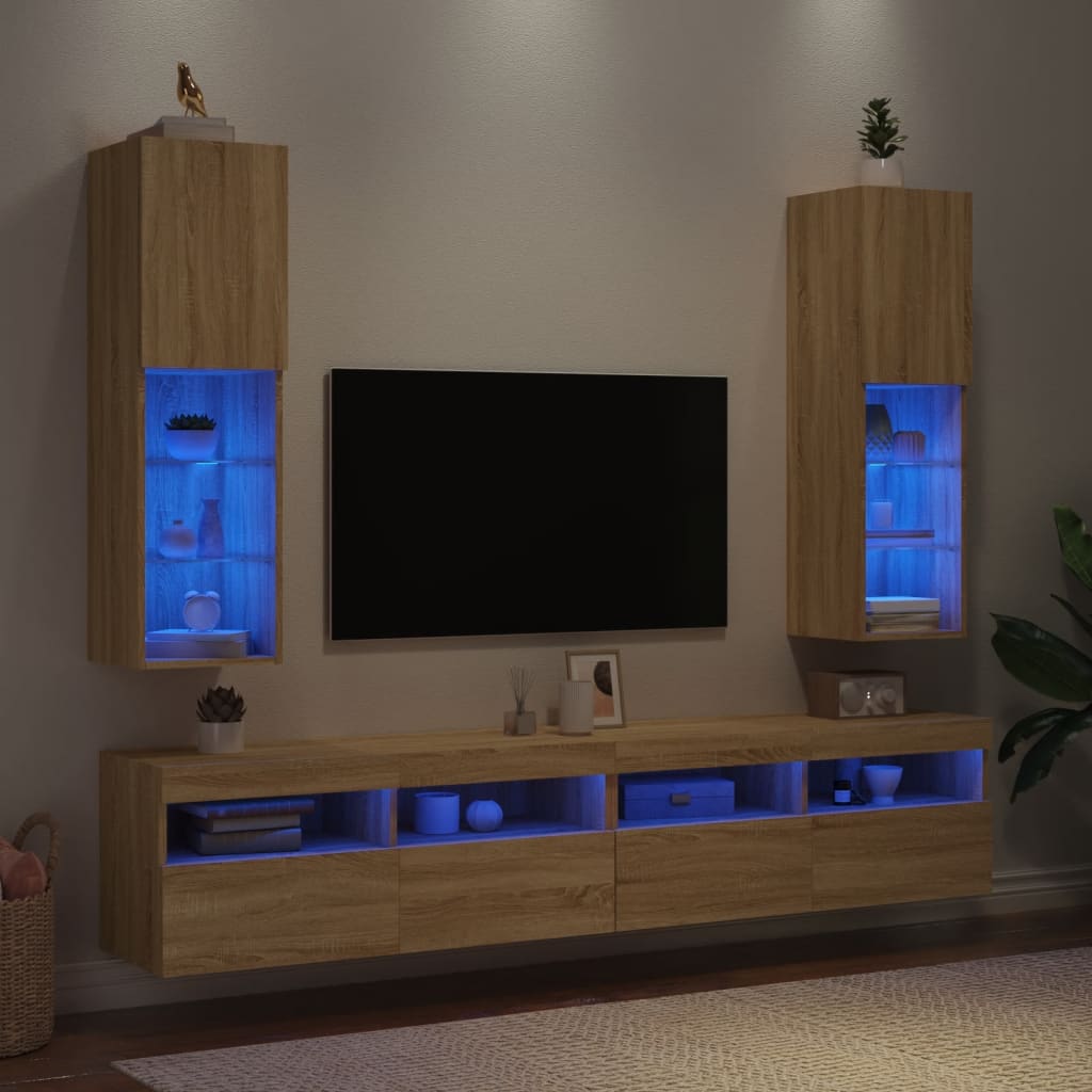 vidaXL Comode TV cu lumini LED, 2 buc., stejar sonoma, 30,5x30x102 cm