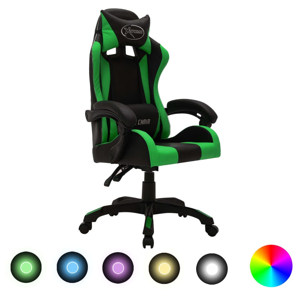 vidaXL Scaun de jocuri cu LED RGB, verde și negru, piele ecologică