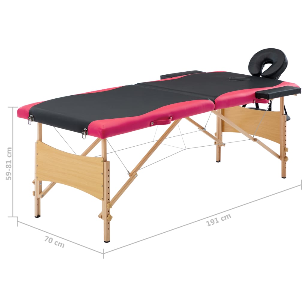 vidaXL Masă pliabilă de masaj, 2 zone, negru și roz, lemn