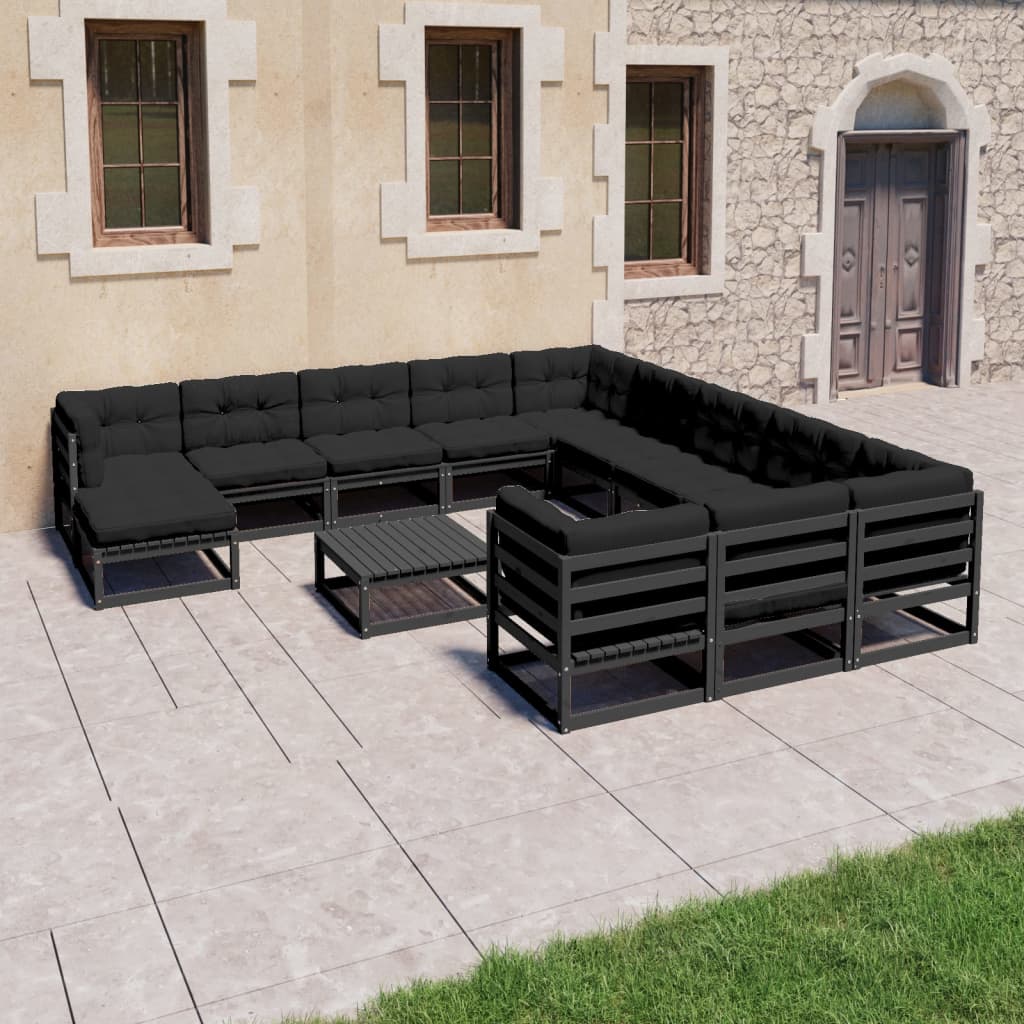 vidaXL Set mobilier de grădină cu perne13 piese, negru, lemn masiv pin