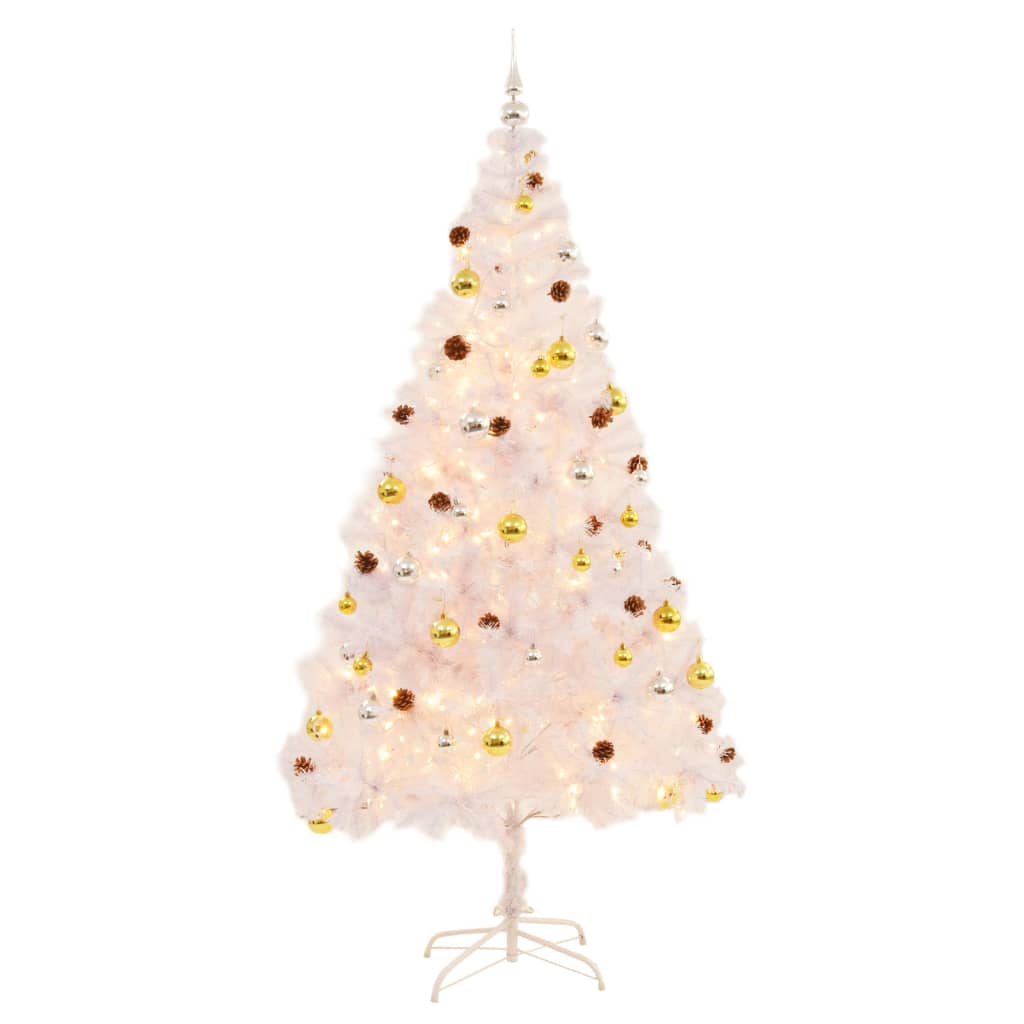 vidaXL Brad de Crăciun artificial pre-iluminat cu globuri, alb, 210 cm
