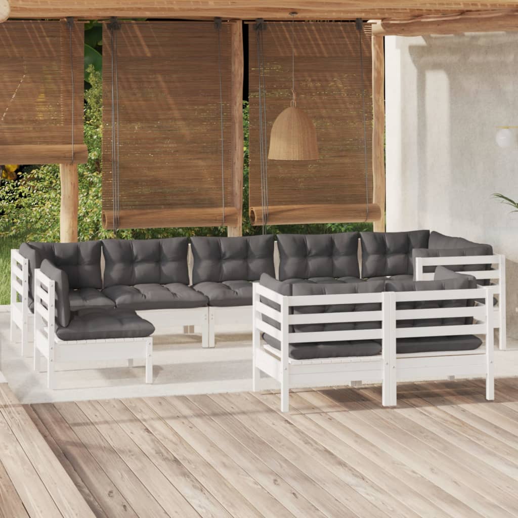 vidaXL Set mobilier de grădină cu perne, 9 piese, alb, lemn masiv pin