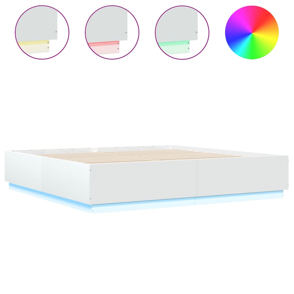 vidaXL Cadru de pat cu lumini LED, alb, 200x200 cm, lemn prelucrat