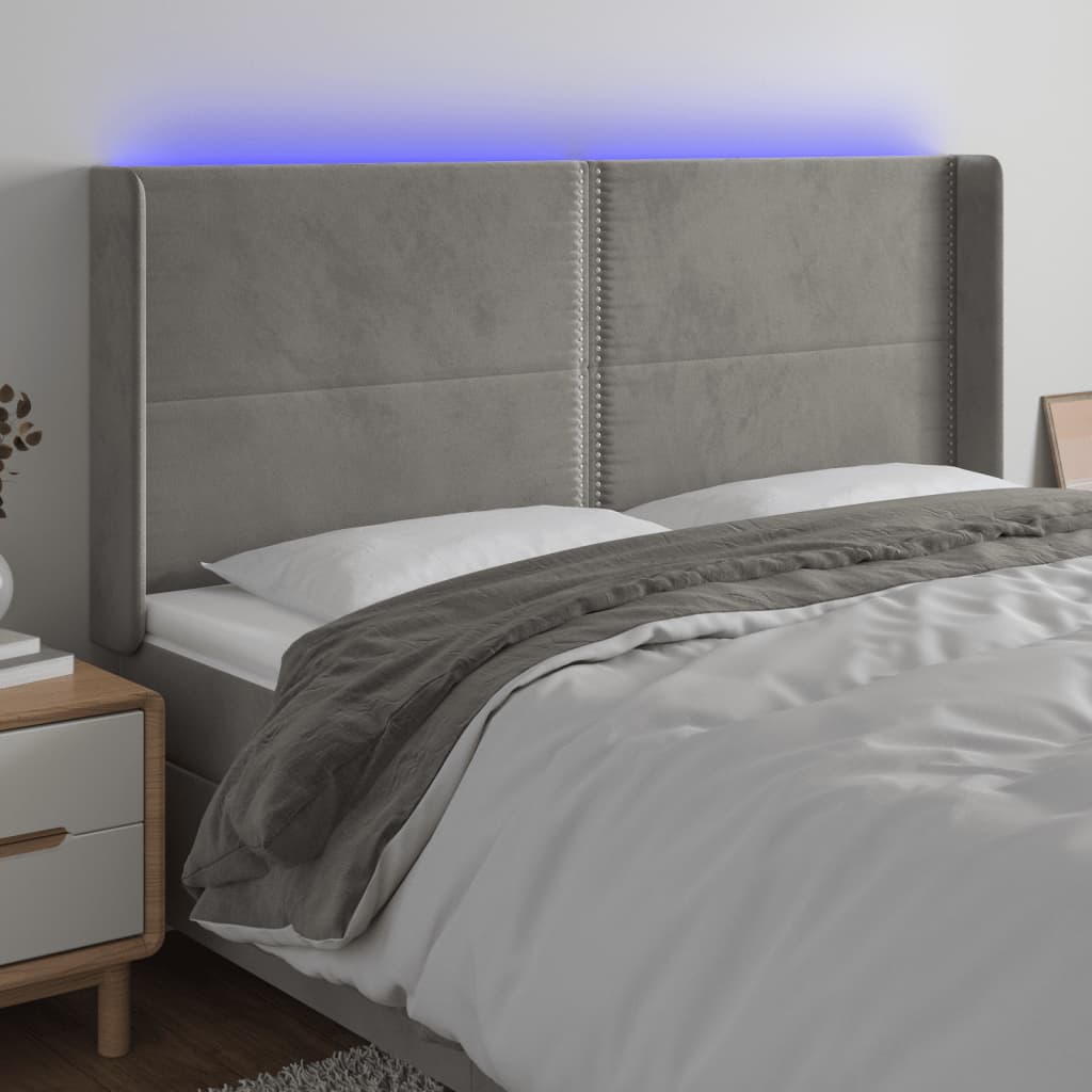 vidaXL Tăblie de pat cu LED, gri deschis, 183x16x118/128 cm, catifea