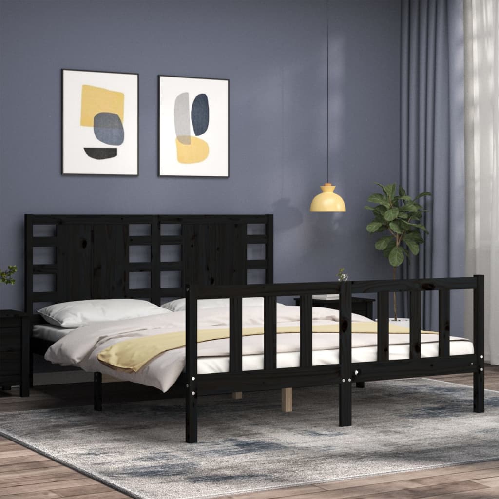 vidaXL Cadru de pat cu tăblie, negru, king size, lemn masiv