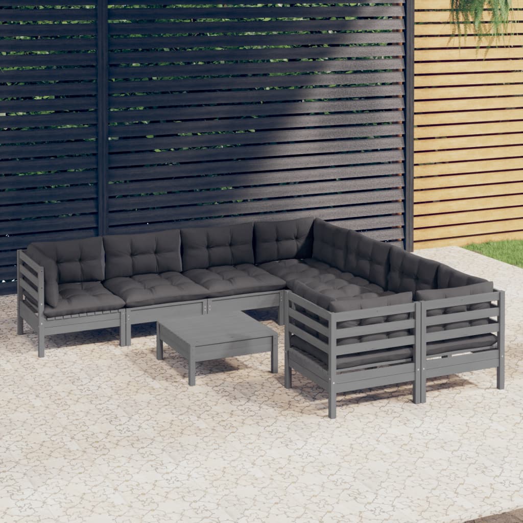 vidaXL Set mobilier de grădină cu perne, 9 piese, gri, lemn de pin