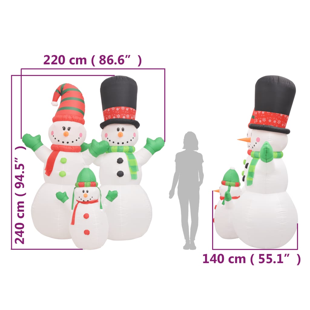 vidaXL Familie de oameni de zăpadă gonflabili cu LED-uri, 240 cm