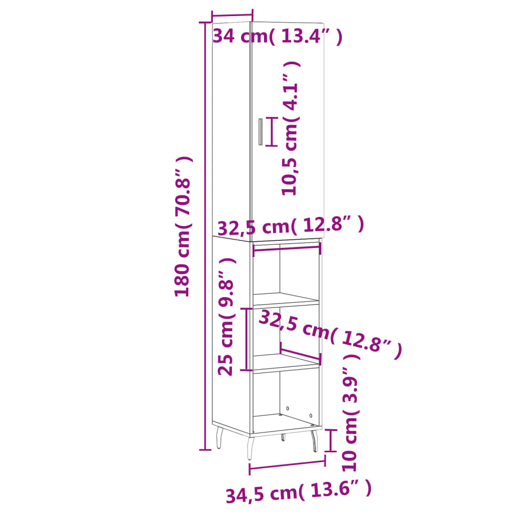vidaXL Dulap înalt, gri beton, 34,5x34x180 cm, lemn prelucrat