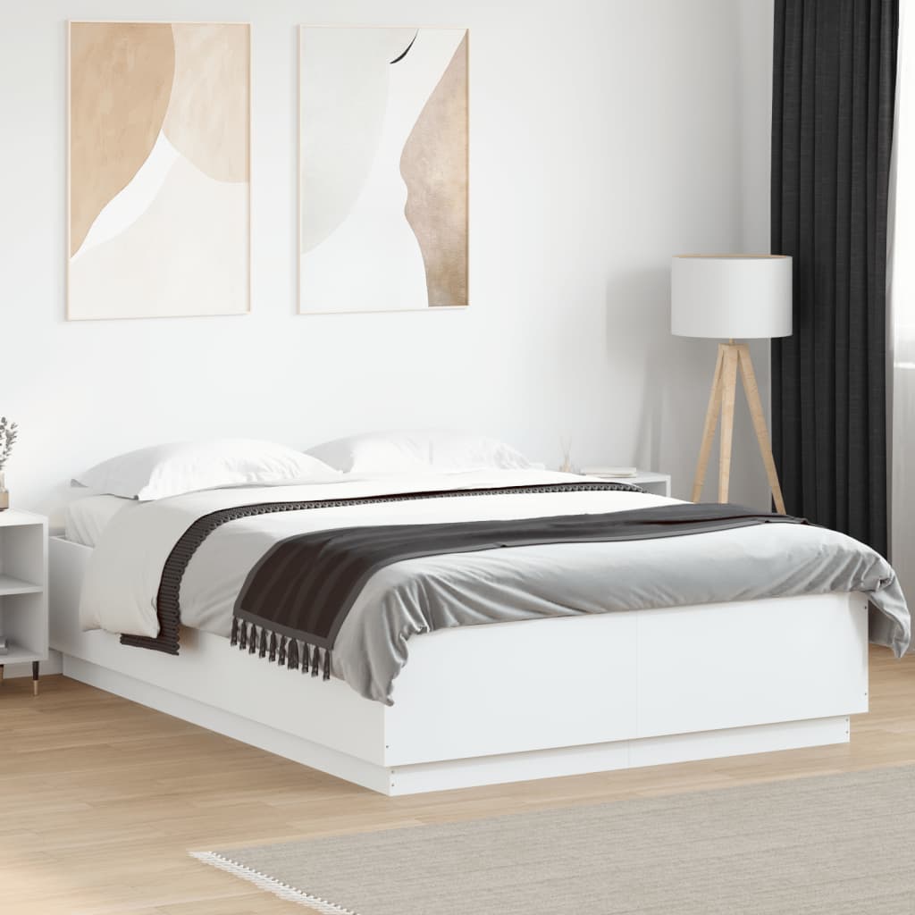 vidaXL Cadru de pat cu lumini LED, alb, 150x200 cm, lemn prelucrat
