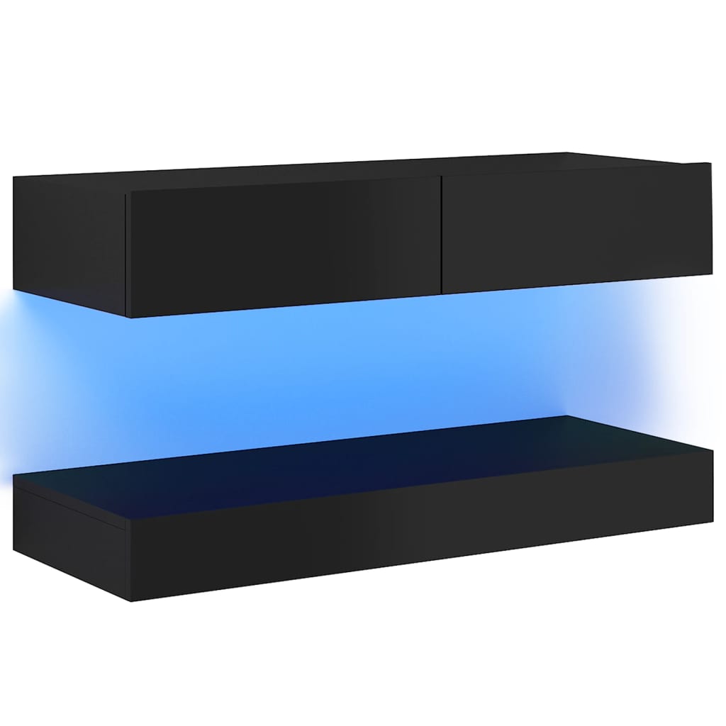 vidaXL Comodă TV cu lumini LED, negru extralucios, 90x35 cm