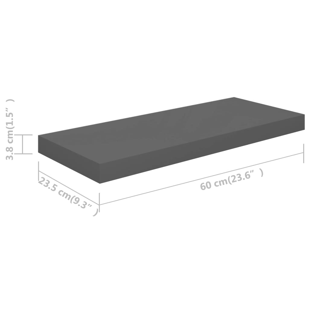 vidaXL Raft de perete suspendat, gri extralucios, 60x23,5x3,8 cm, MDF