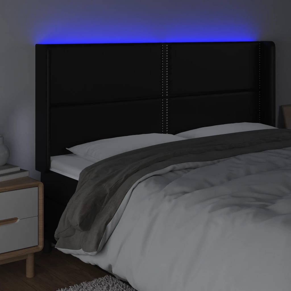vidaXL Tăblie de pat cu LED, negru, 183x16x118/128 cm, piele ecologică