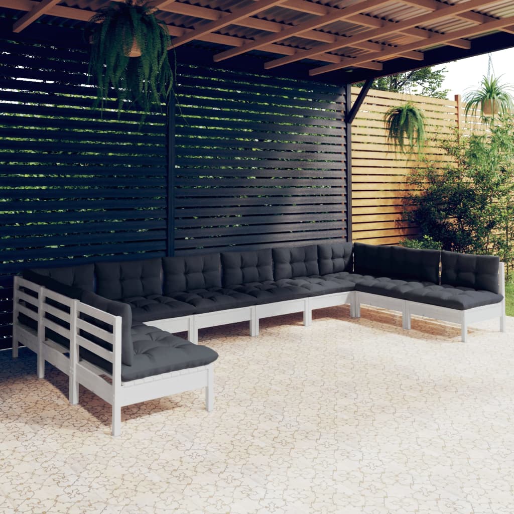 vidaXL Set mobilier de grădină cu perne, 10 piese, alb lemn masiv pin