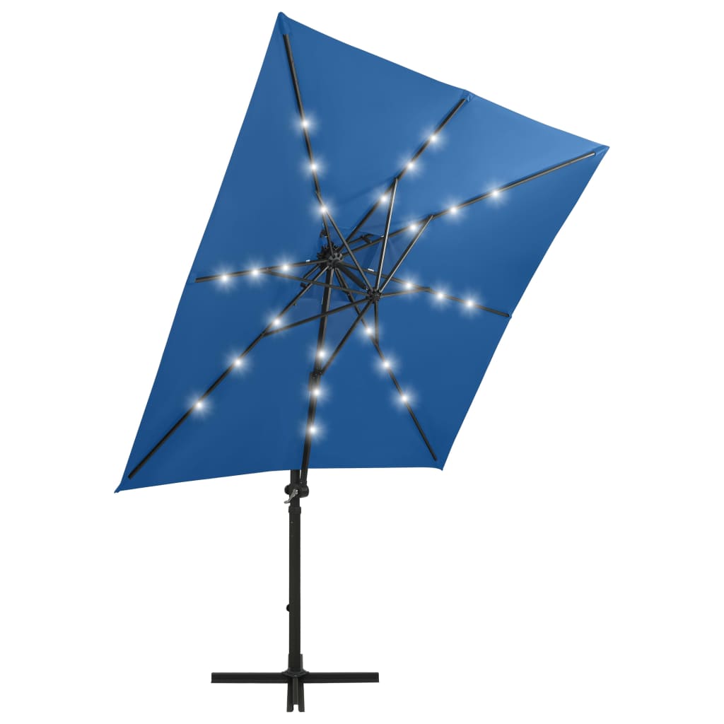vidaXL Umbrelă suspendată cu stâlp și LED-uri, albastru azuriu, 250 cm
