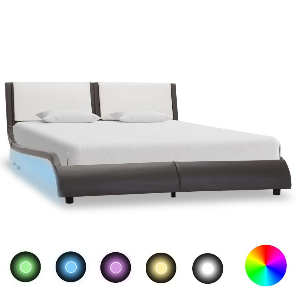 vidaXL Cadru de pat, gri și alb, 135x190 cm, piele ecologică