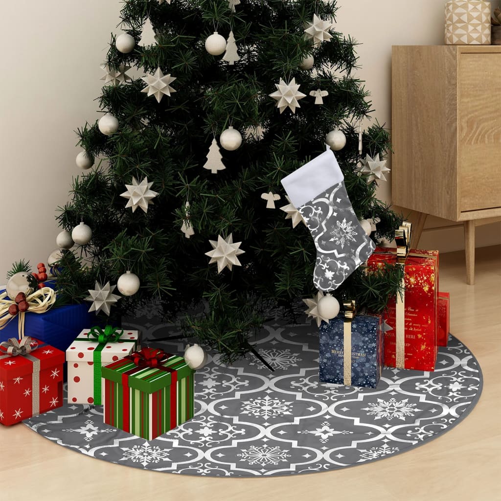 vidaXL Covor fustă de brad Crăciun cu șosetă, gri, 90 cm, țesătură