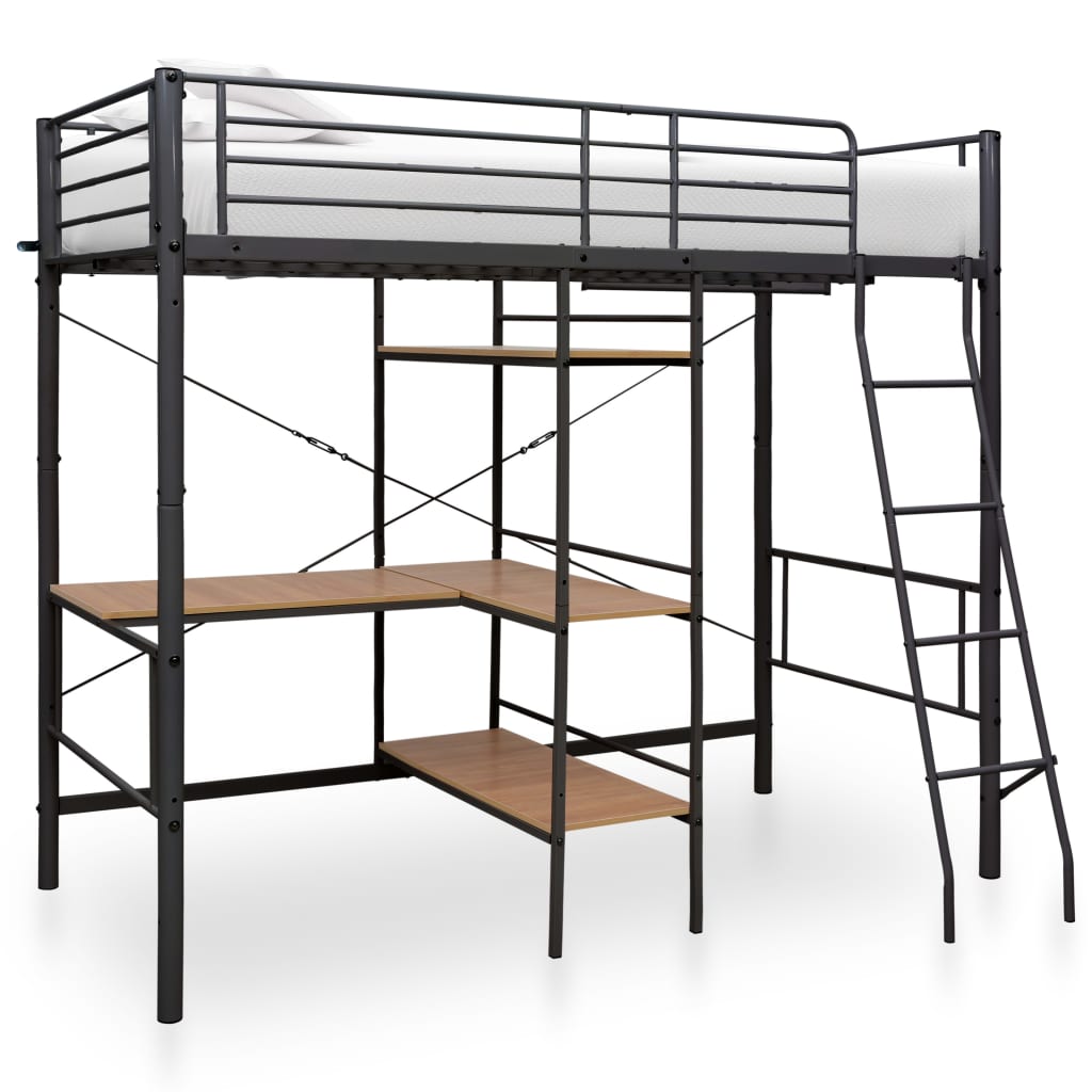 vidaXL Cadru de pat supraetajat cu masă, gri, 90 x 200 cm, metal