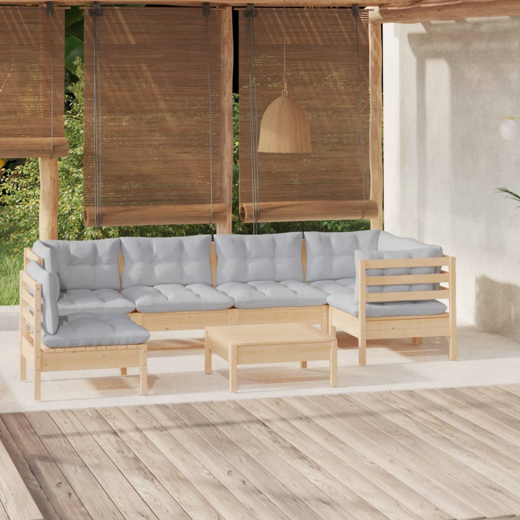 vidaXL Set mobilier grădină cu perne gri, 7 piese, lemn masiv pin