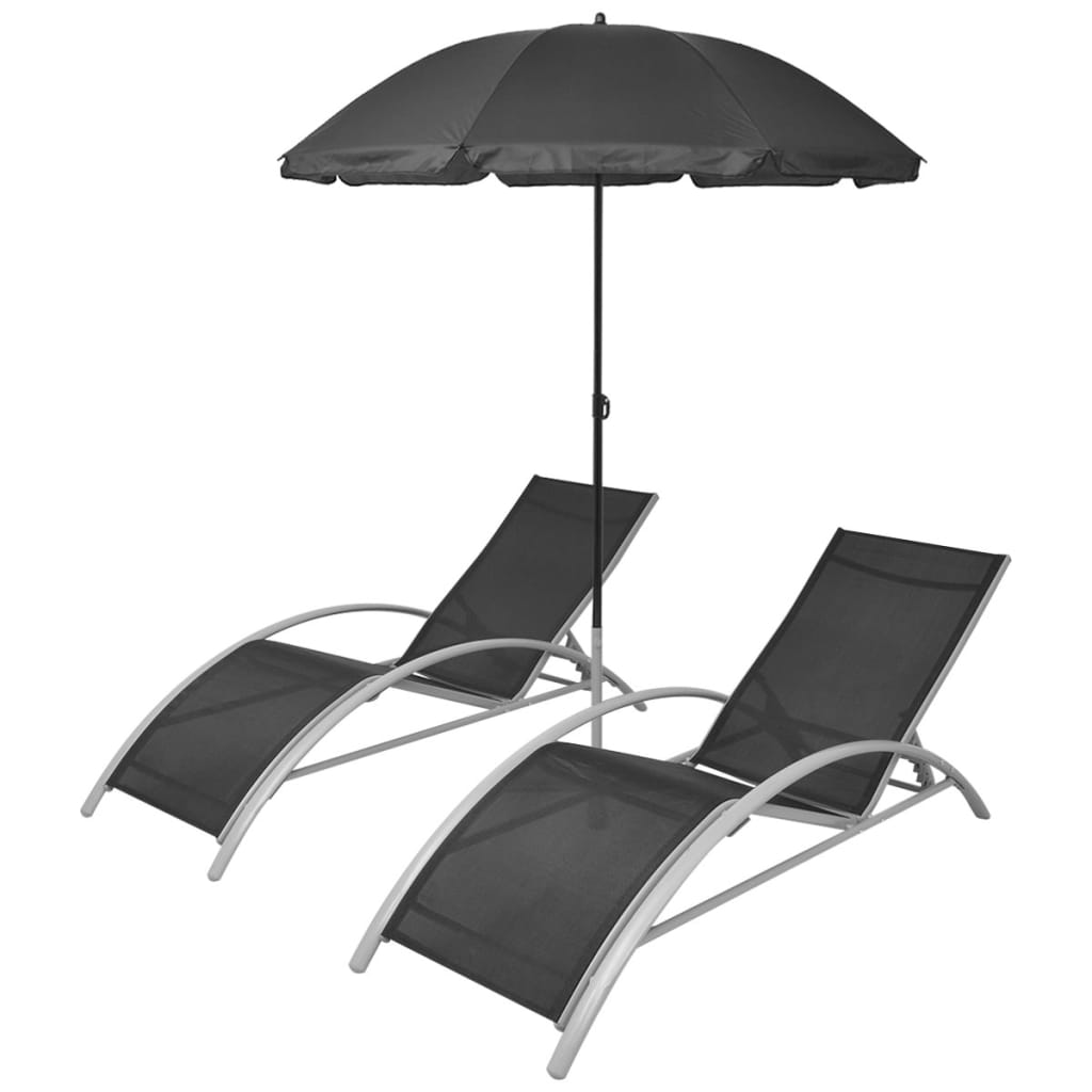vidaXL Șezlonguri de plajă cu umbrelă, negru, aluminiu
