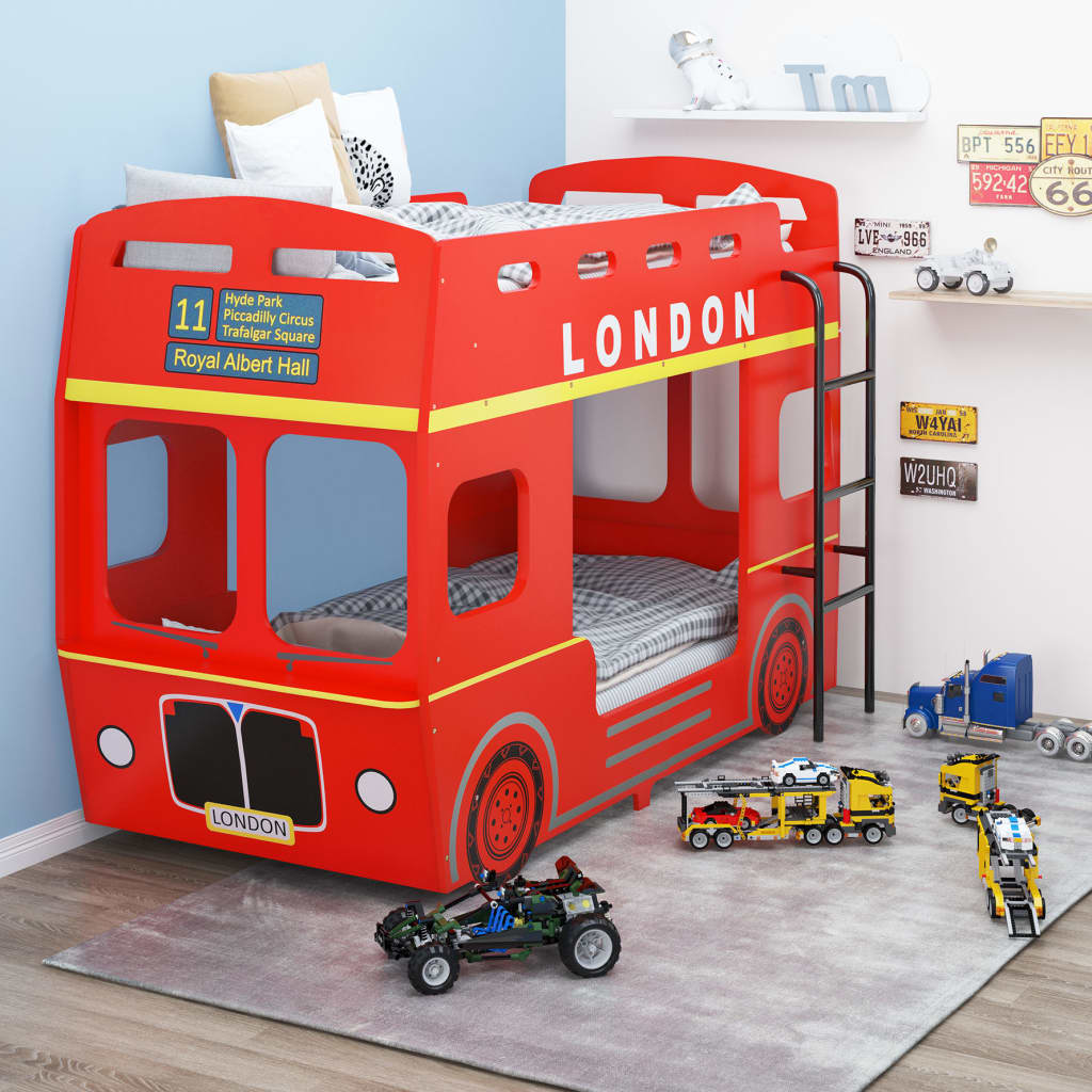 vidaXL Pat supraetajat, autobuz londonez, roșu, 90 x 200 cm, MDF