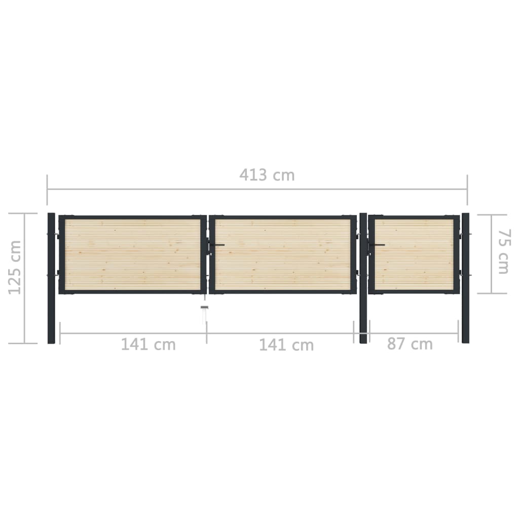 vidaXL Poartă de gard, 413 x 125 cm, oțel și lemn de molid