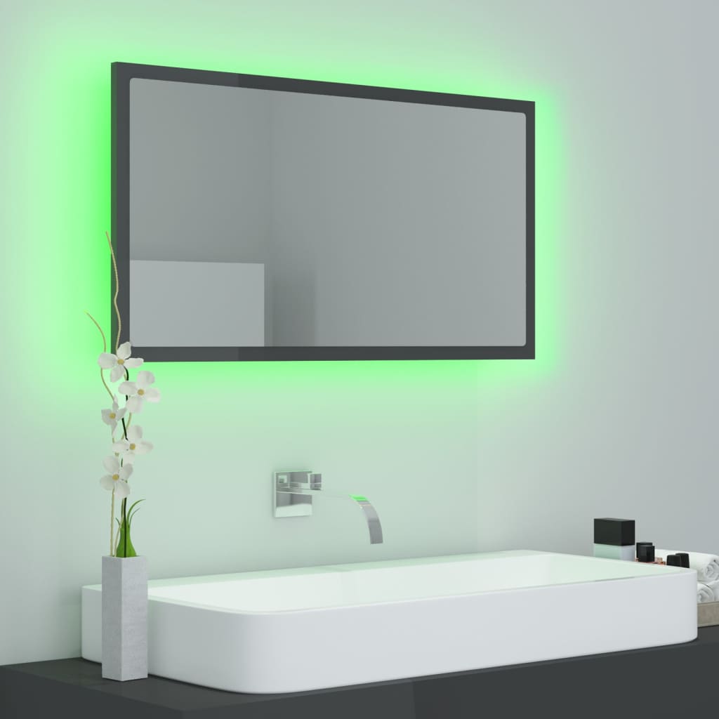 vidaXL Oglindă de baie cu LED, gri extralucios, 80x8,5x37 cm, acril