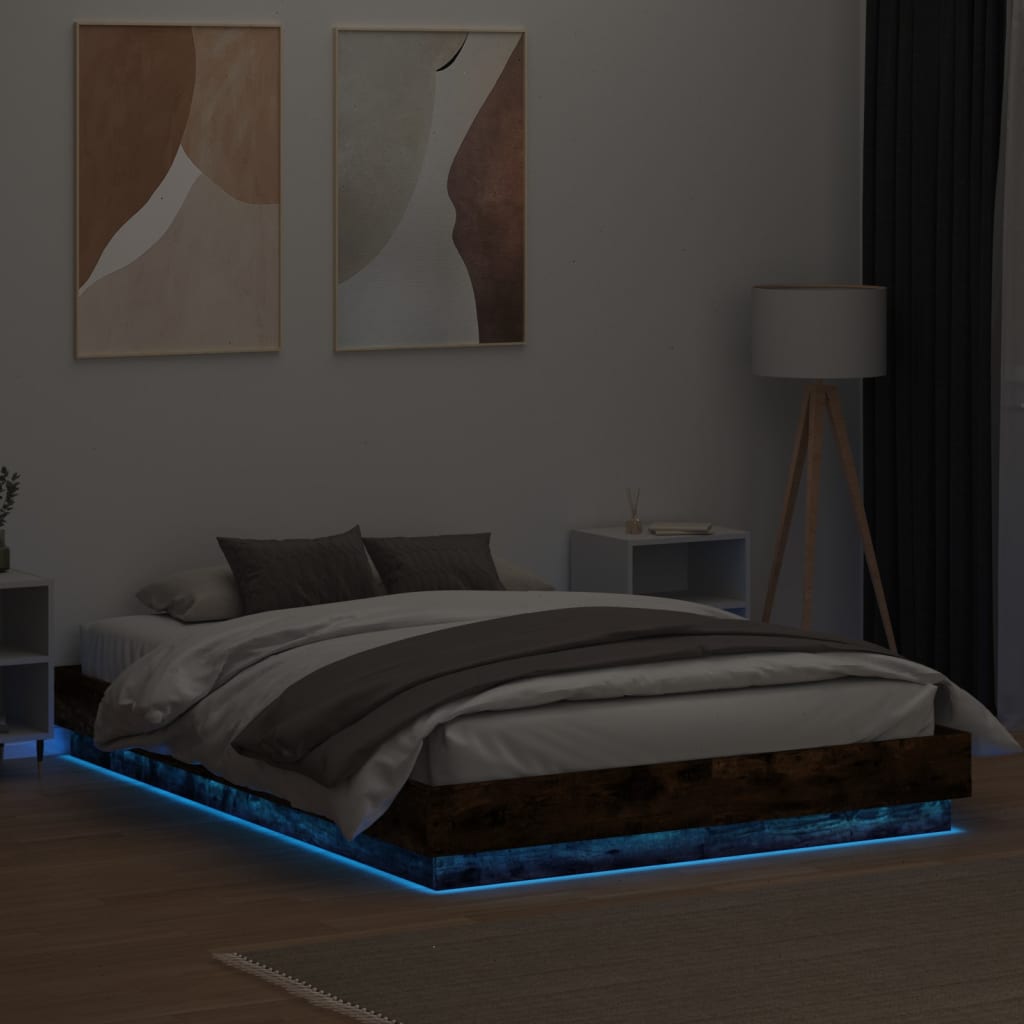 vidaXL Cadru de pat cu lumini LED, stejar fumuriu, 140x200 cm