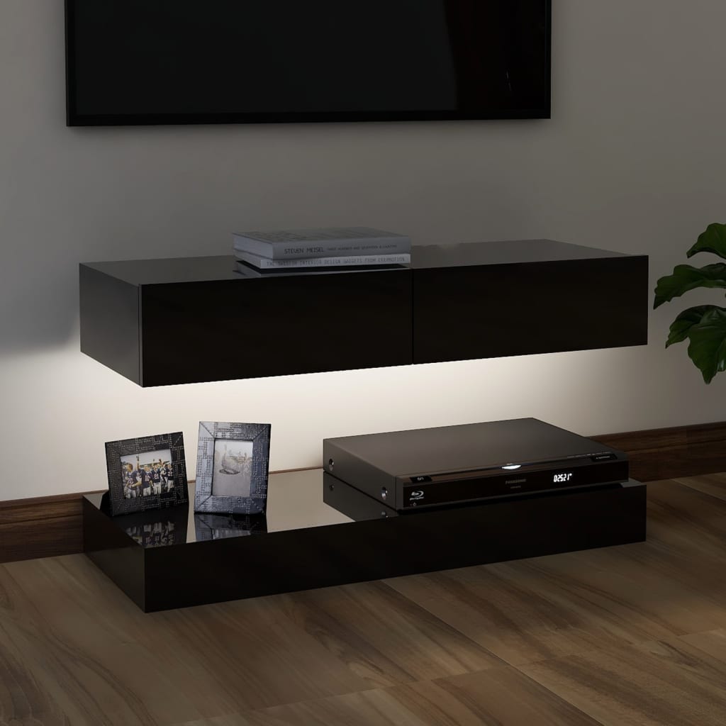 vidaXL Comodă TV cu lumini LED, negru extralucios, 90x35 cm