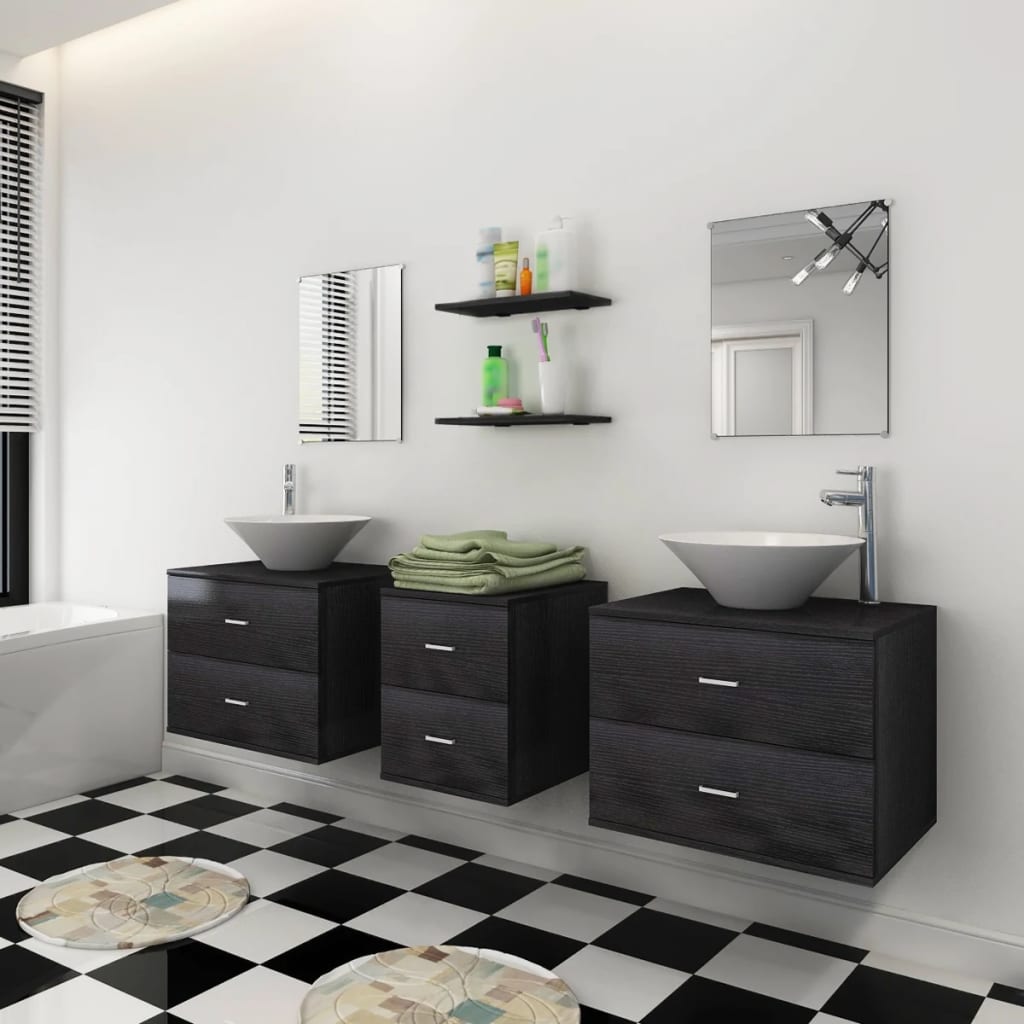 vidaXL Set mobilier de baie, 9 piese, cu chiuvetă și robinet, negru