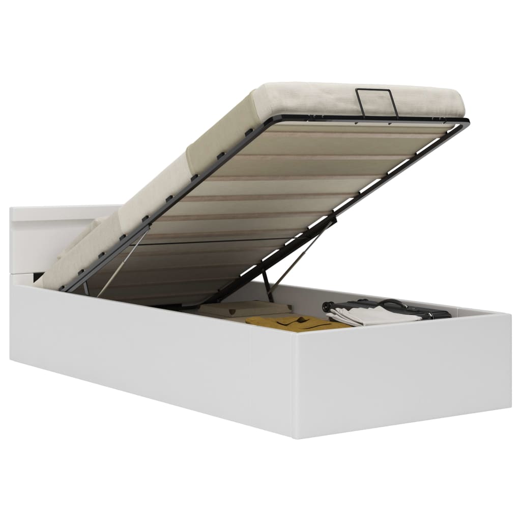 vidaXL Cadru pat hidraulic cu ladă LED alb 90x200 cm piele ecologică