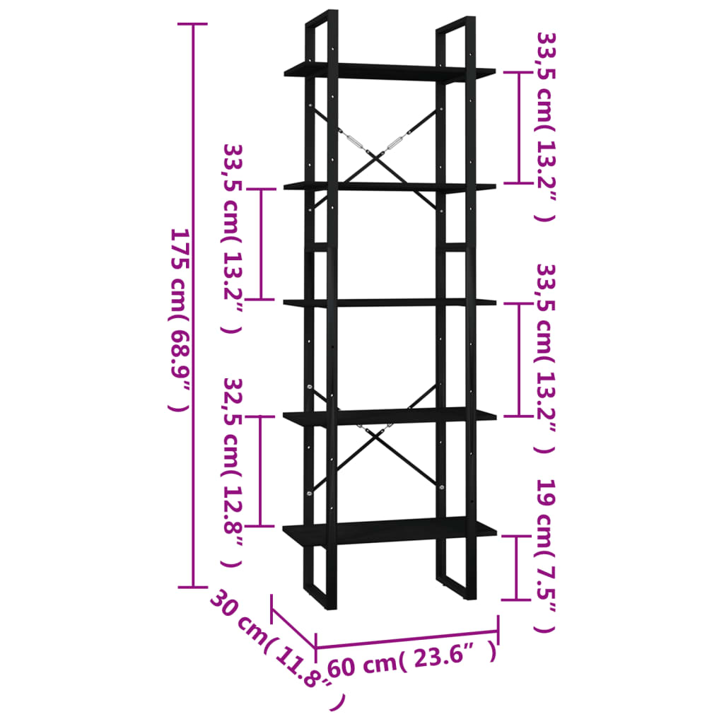 vidaXL Bibliotecă cu 5 rafturi, negru, 60x30x175 cm, lemn de pin