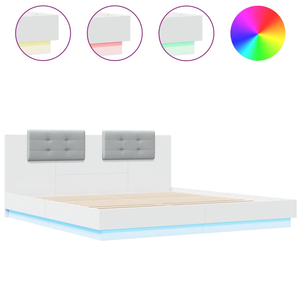 vidaXL Cadru de pat cu tăblie și lumini LED, alb, 180x200 cm