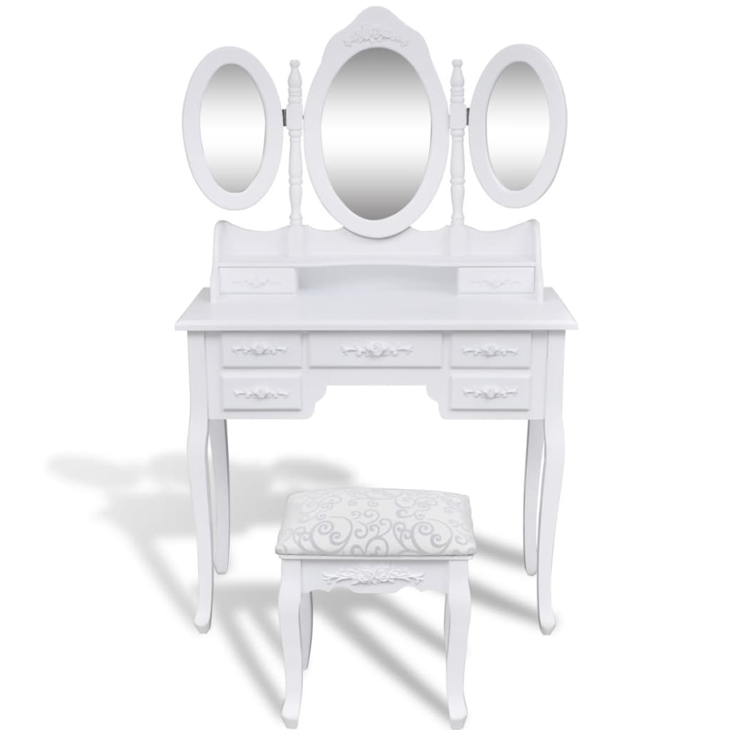 vidaXL Masă de toaletă cu taburet și 3 oglinzi, alb