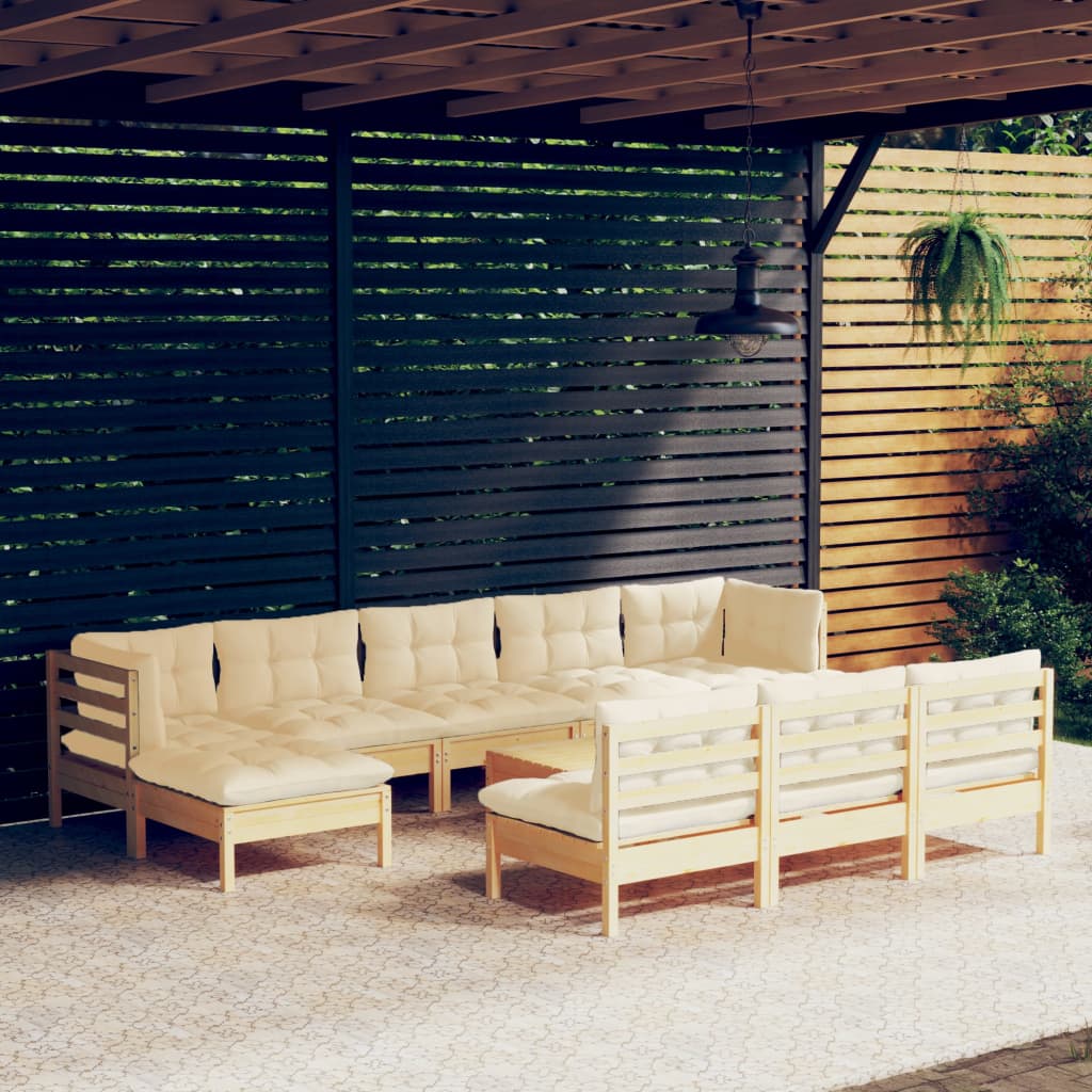 vidaXL Set mobilier grădină cu perne crem, 11 piese, lemn de pin