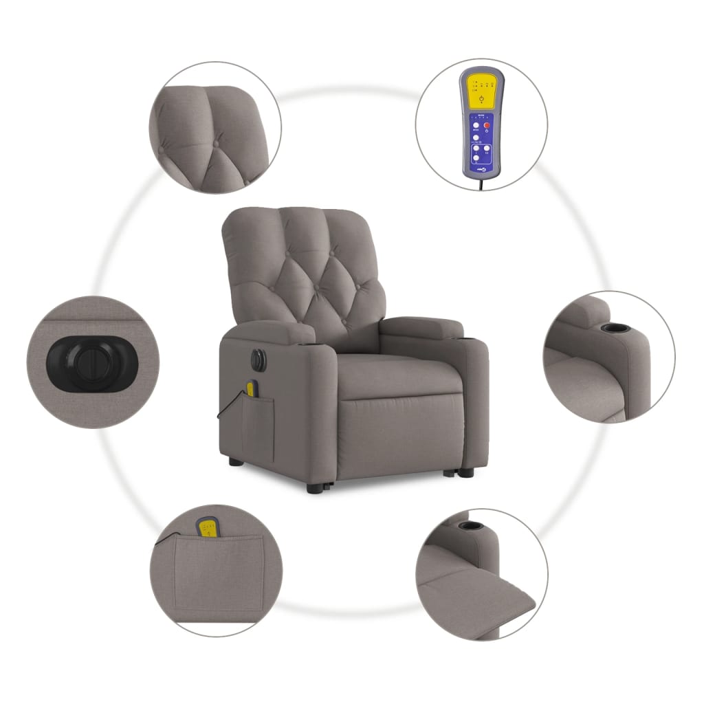 vidaXL Fotoliu electric masaj rabatabil cu ridicare, gri taupe, textil