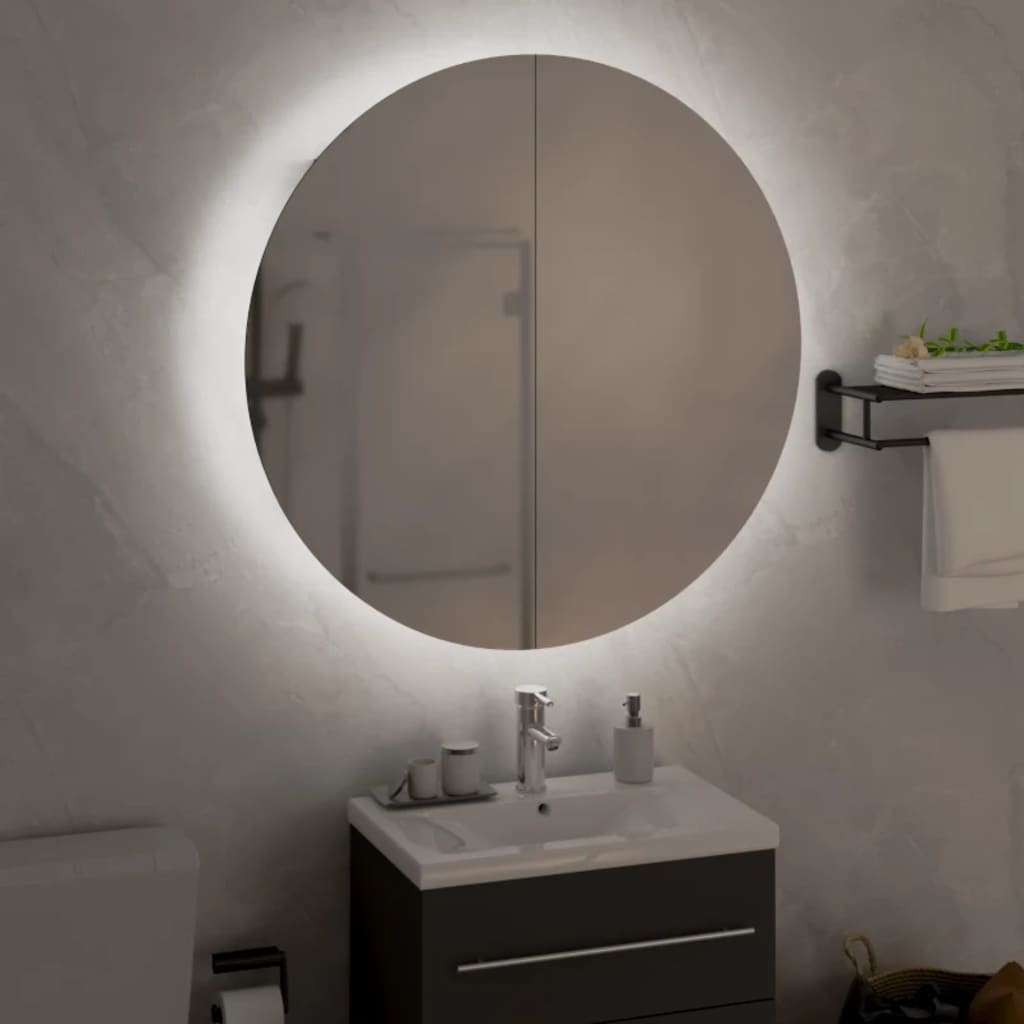 vidaXL Dulap de baie cu oglindă rotundă și LED, gri, 54x54x17,5 cm