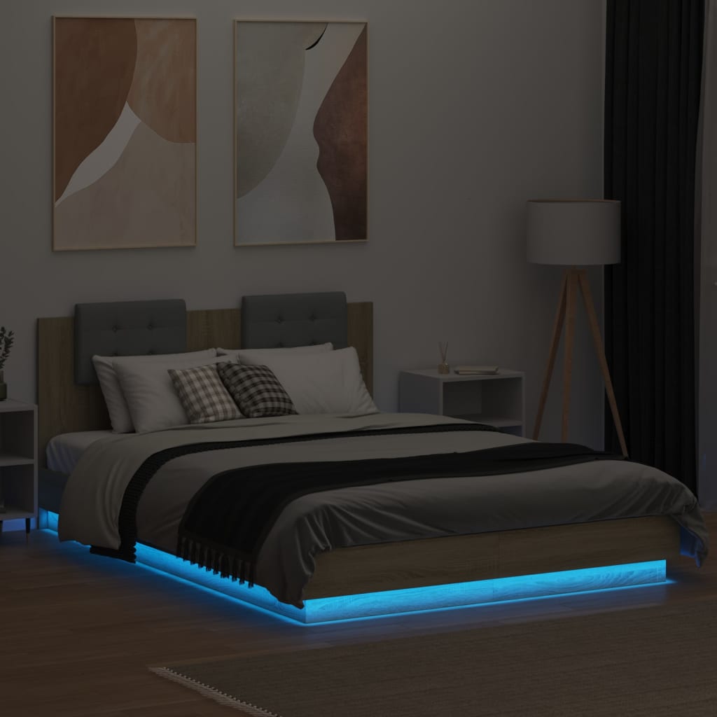 vidaXL Cadru de pat cu tăblie și lumini LED, stejar sonoma, 150x200 cm