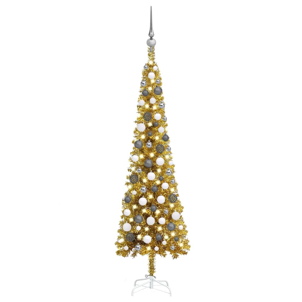vidaXL Brad de Crăciun pre-iluminat slim, set globuri, auriu, 120 cm
